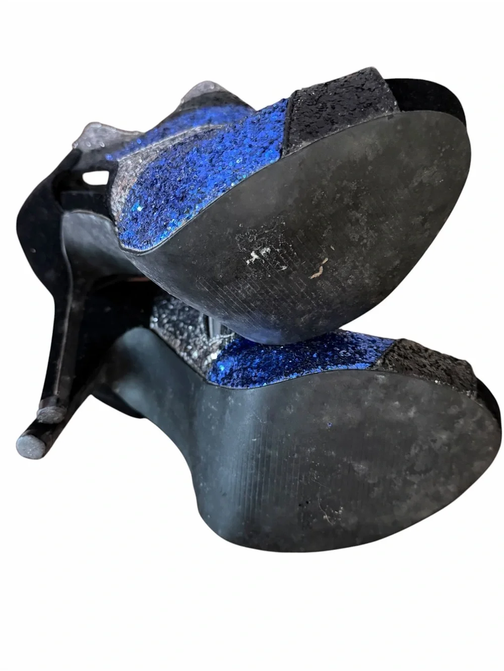 Vintage Y2K Deb Glitter Peep Toe Ankle Booties 5.5” Heel Blue Silver Sz 8.5